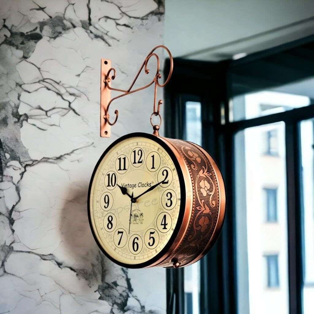 Vintage Clock Handcrafted Double Side Clock with English & Roman Numbers 1 Year Warranty (10 Inches Size, Rose Gold Finish, Floral Design, VC-65471)
