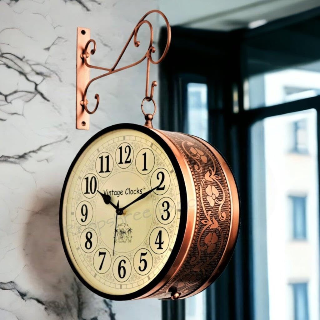 Vintage Clock Handcrafted Double Side Clock With English Numbers (10 Inches Size, Rose Gold Finish, Floral Design, Vc-65471) - Analog, Iron