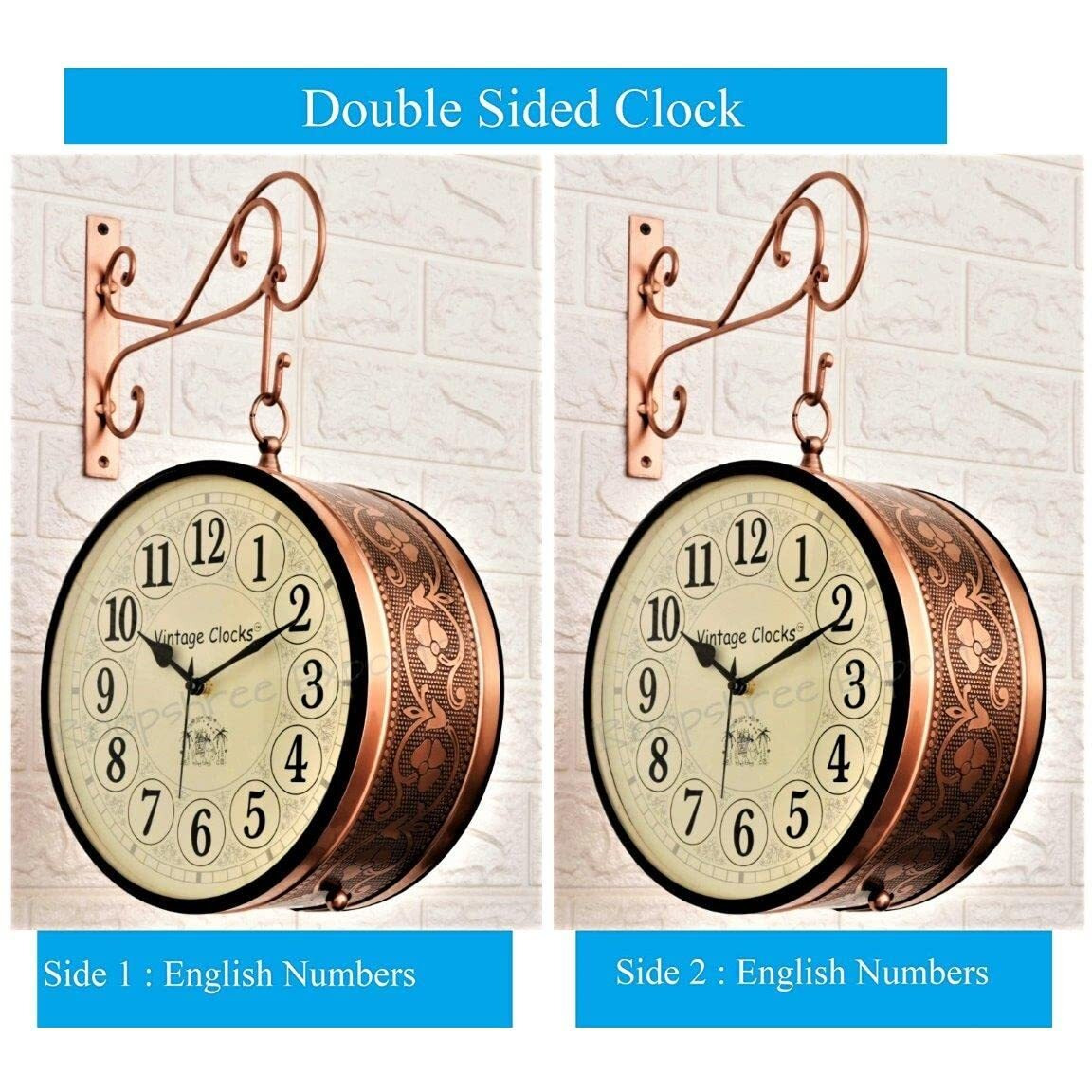 Vintage Clock Handcrafted Double Side Clock With English Numbers (10 Inches Size, Rose Gold Finish, Floral Design, Vc-65471) - Analog, Iron