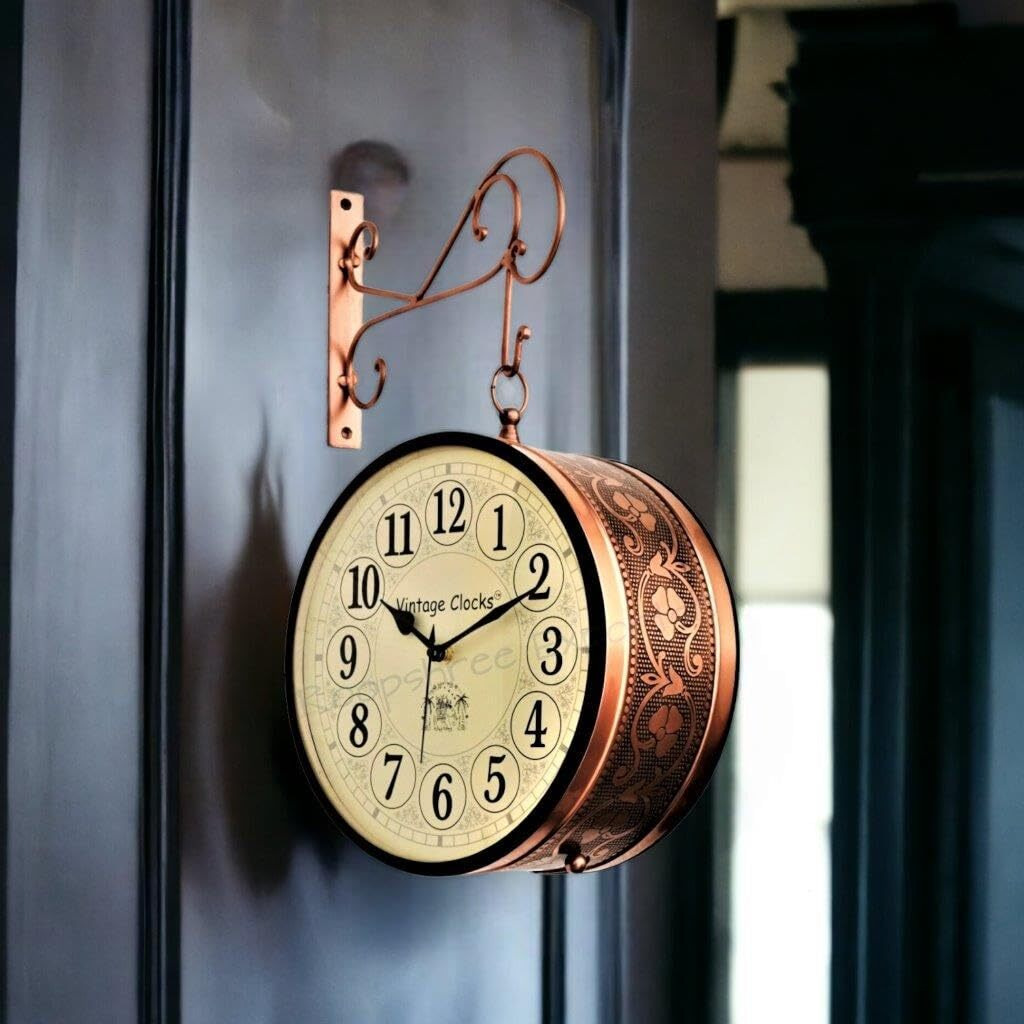 Vintage Clock Handcrafted Double Side Clock With English Numbers (10 Inches Size, Rose Gold Finish, Floral Design, Vc-65471) - Analog, Iron