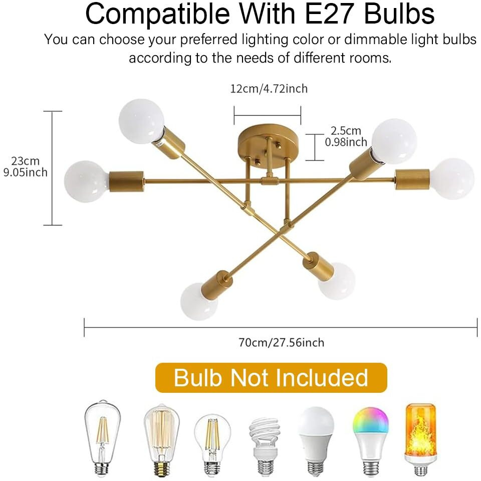 ELEPHANTBOAT 6-Light Ceiling Light for Living Room, Modern Metal Chandelier Light Fixture, Pendant Lights for Ceiling, Without E27 Bulb