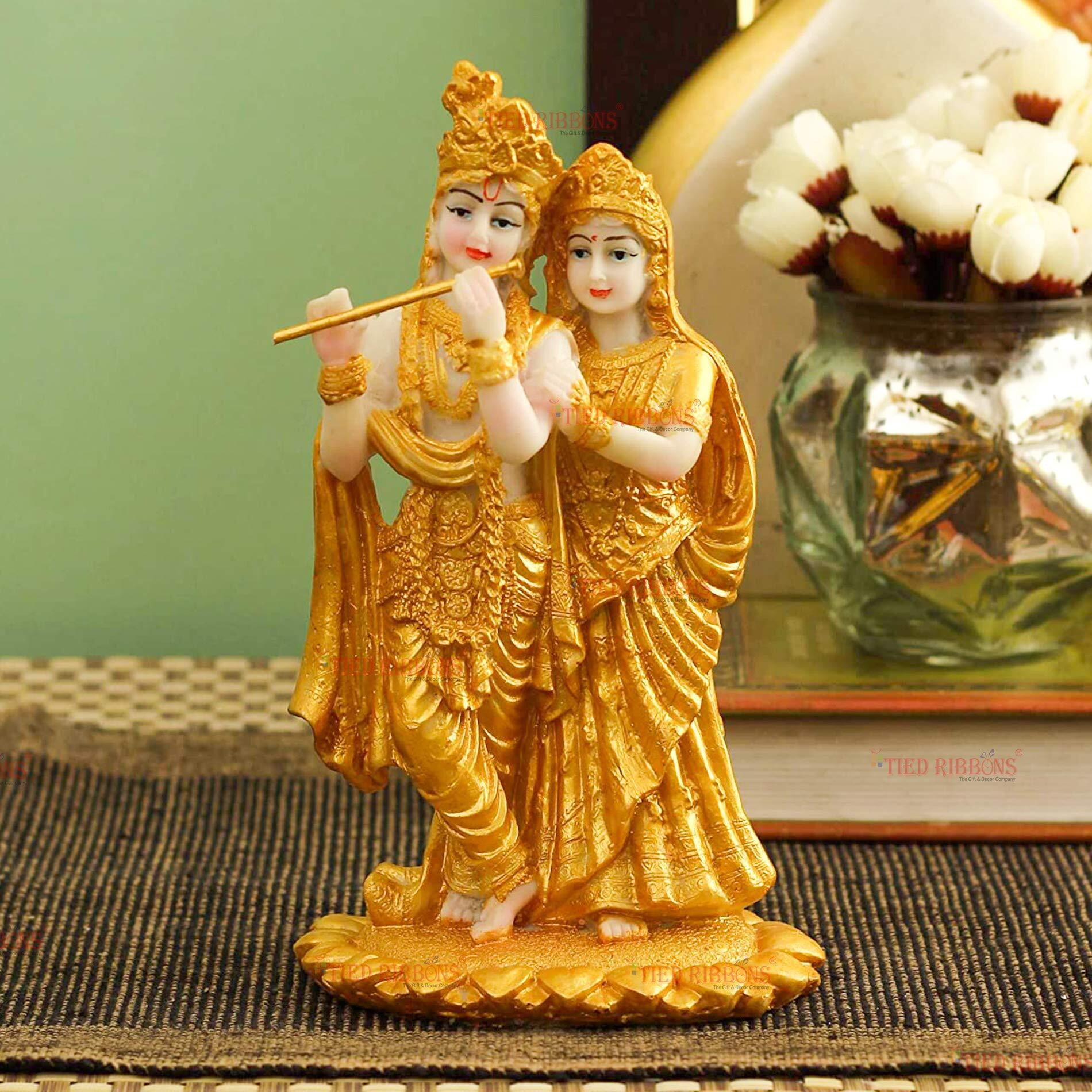 TIED RIBBONS Gold Plated Radha Krishna Idol Statue Showpiece (Resin, 19 cm x 11 cm) - Decoration Items for Home Decor Living Room Mandir Temple Pooja Room Table Top Office Decorative Gifts