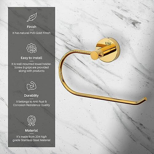 USF 304 Stainless Steel Round Napkin Ring for Washbasin | Towel Ring for Kitchen | Towel Hanger | Towel Stand | Bathroom Accessories (Gold-PVD Finish) Pack of 1