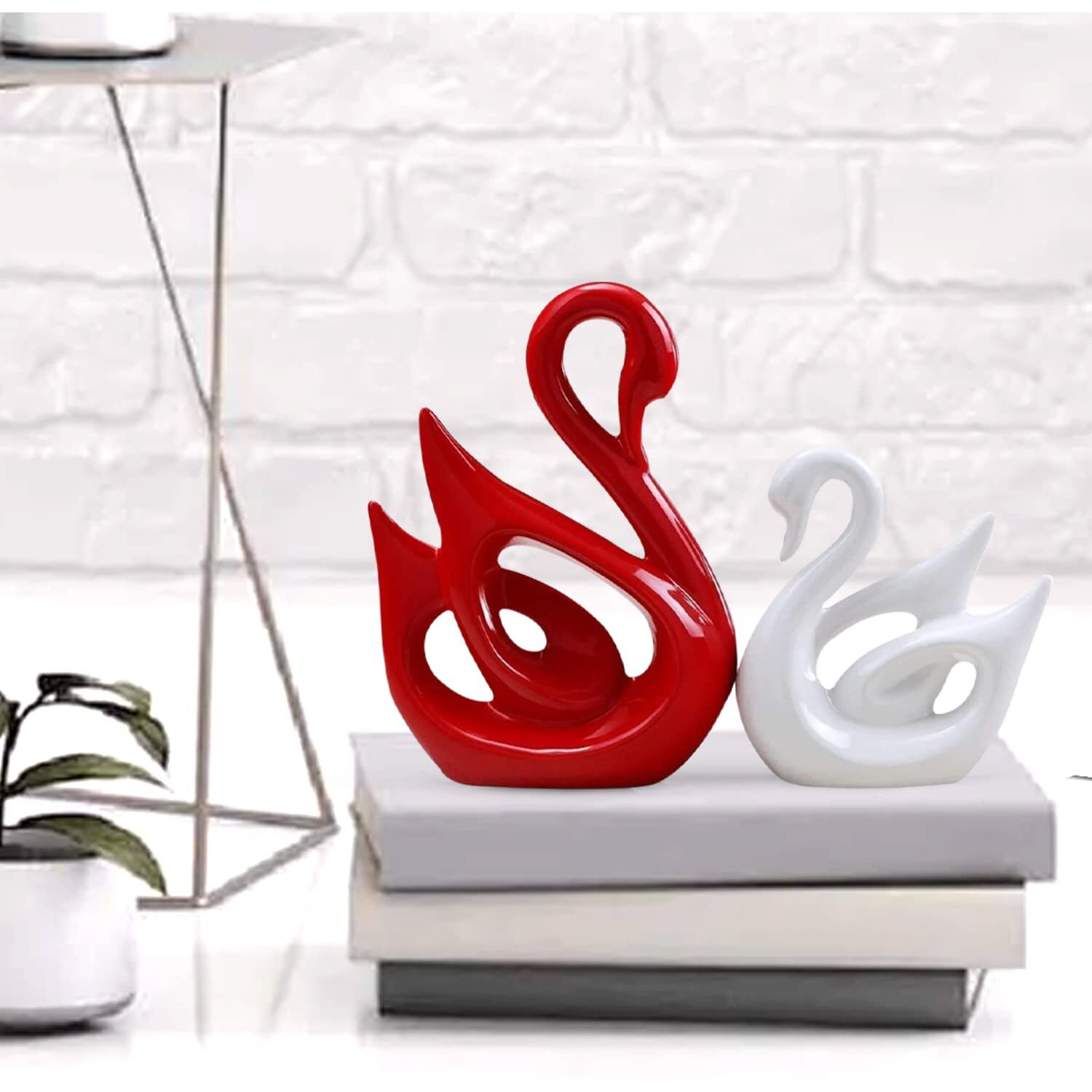 Xtore Lucky Swan Couple Piano Finish Ceramic Figures for Home Decor (Set of 2 Pc, Large, White & Red)