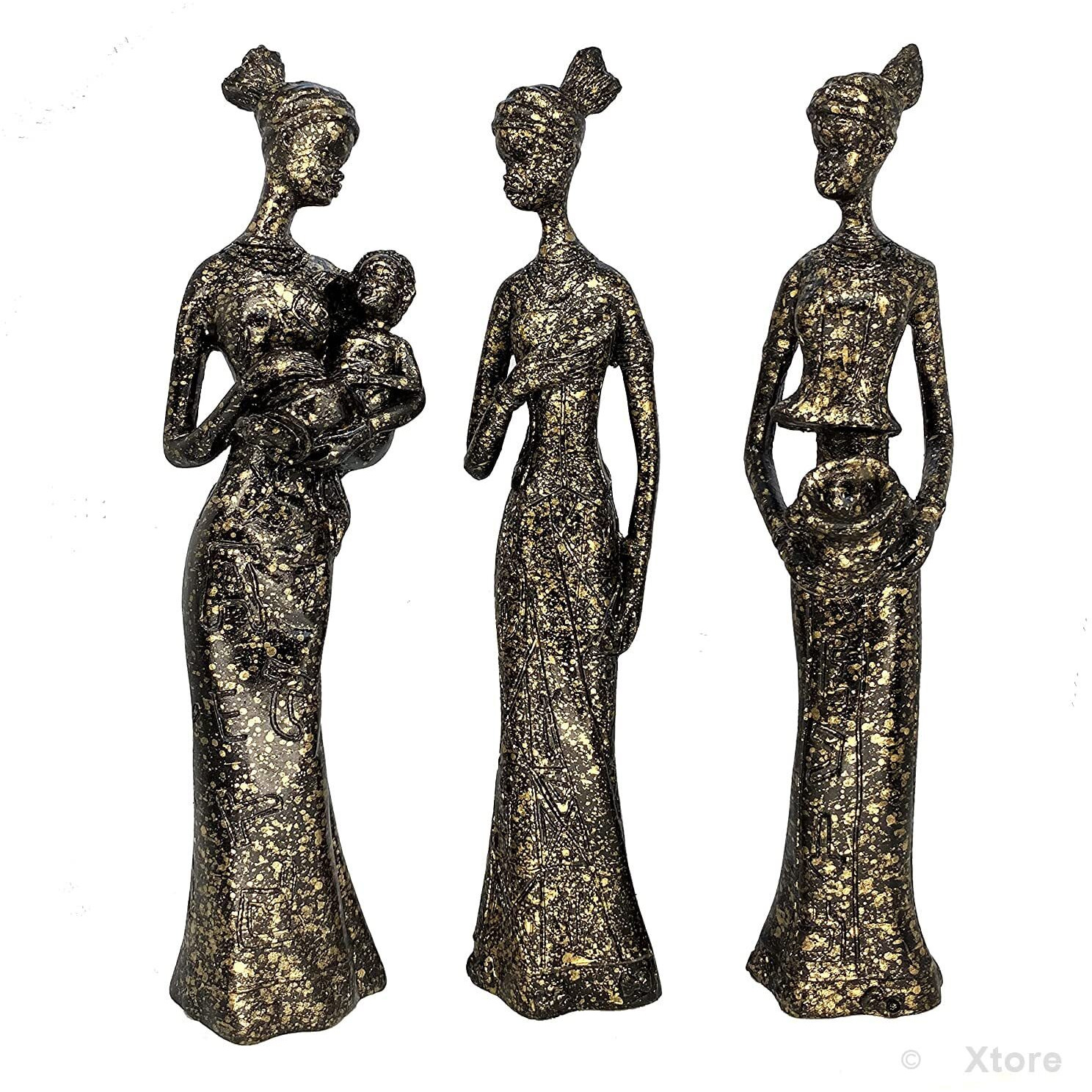 Xtore Beautiful Finish Uniquely Hand Crafted Home Decor African Tribal Women Art Piece - (Set of 3, Black and Golden Color)
