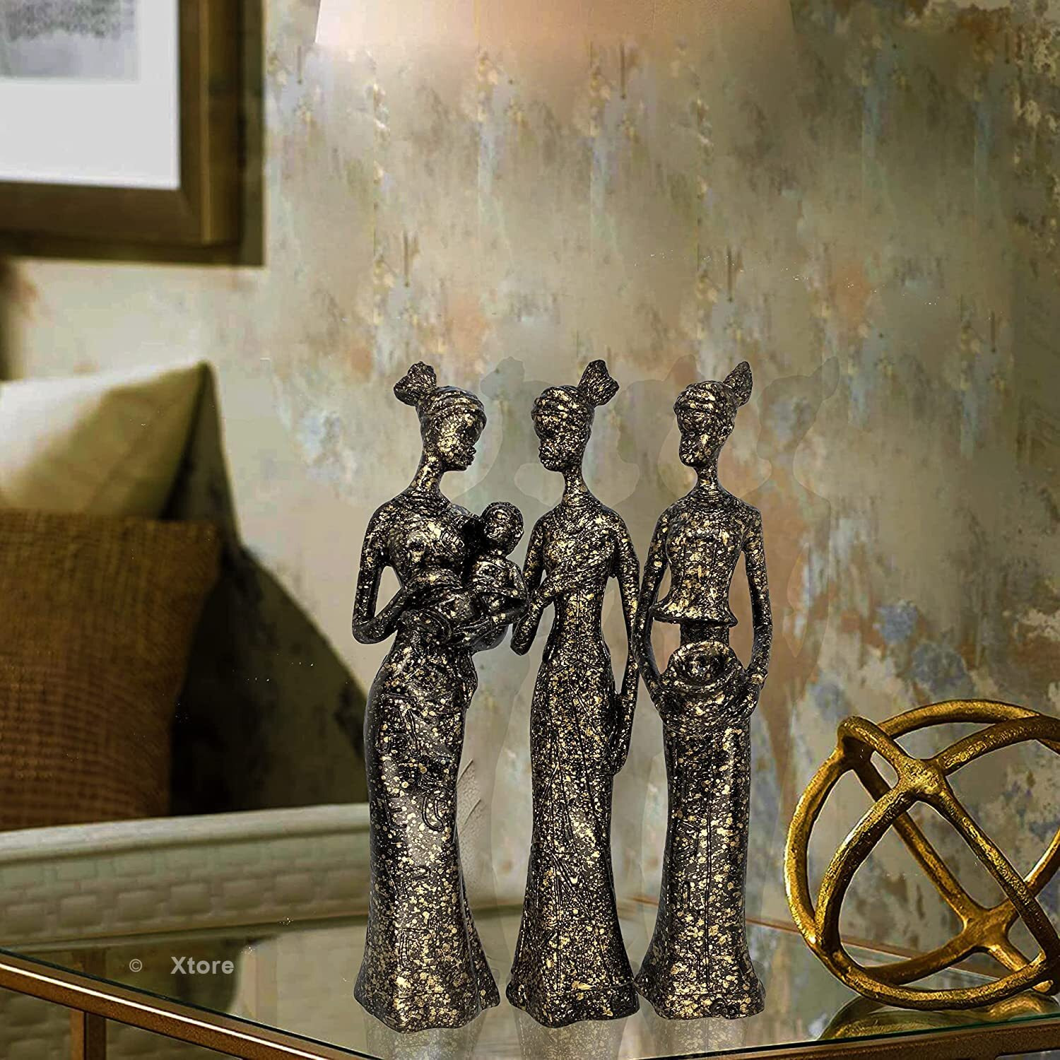 Xtore Beautiful Finish Uniquely Hand Crafted Home Decor African Tribal Women Art Piece - (Set of 3, Black and Golden Color)