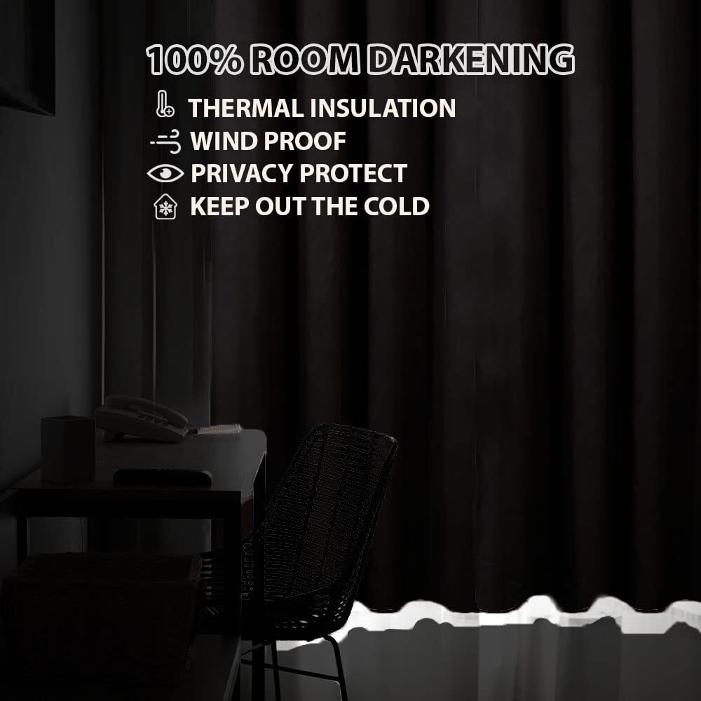 HOMEMONDE 100% Blackout Curtains with Stainless Steel Eyelets - Long Door 9 Feet Curtain, Thermal Insulated, Fully Heavy Blackouts - Set of 2, Black