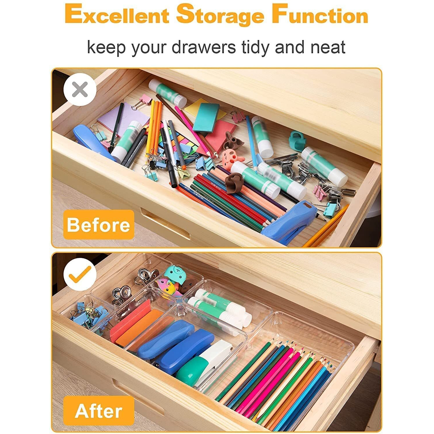 Zollyss Drawer Organizer Set Dresser Desk Drawer Dividers,Bathroom Vanity Cosmetic Makeup Trays,Multipurpose Plastic Storage Bins For Jewelries,Kitchen Gadgets & Accessories(7 Pcs)-Inside,Transparent