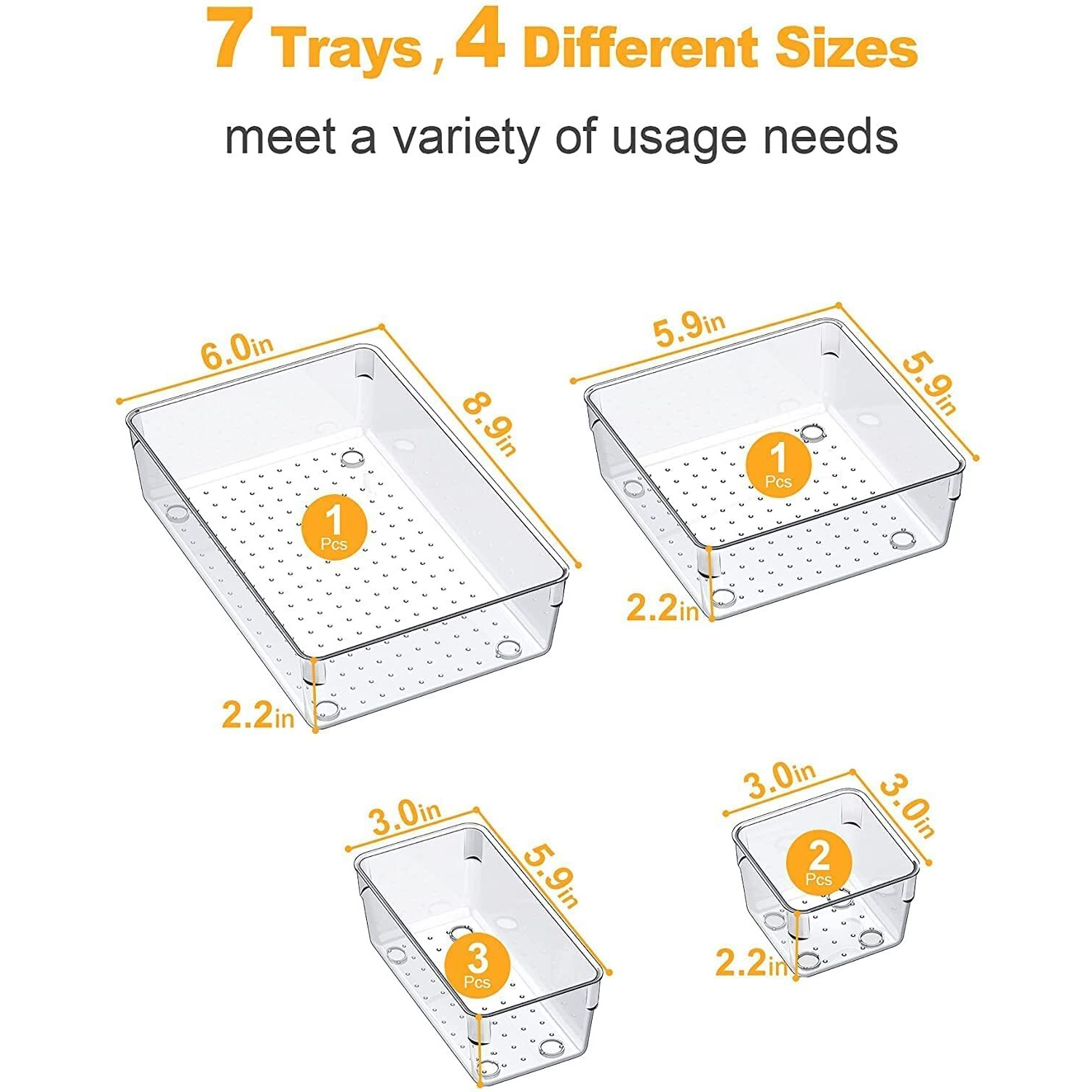 Zollyss Drawer Organizer Set Dresser Desk Drawer Dividers,Bathroom Vanity Cosmetic Makeup Trays,Multipurpose Plastic Storage Bins For Jewelries,Kitchen Gadgets & Accessories(7 Pcs)-Inside,Transparent