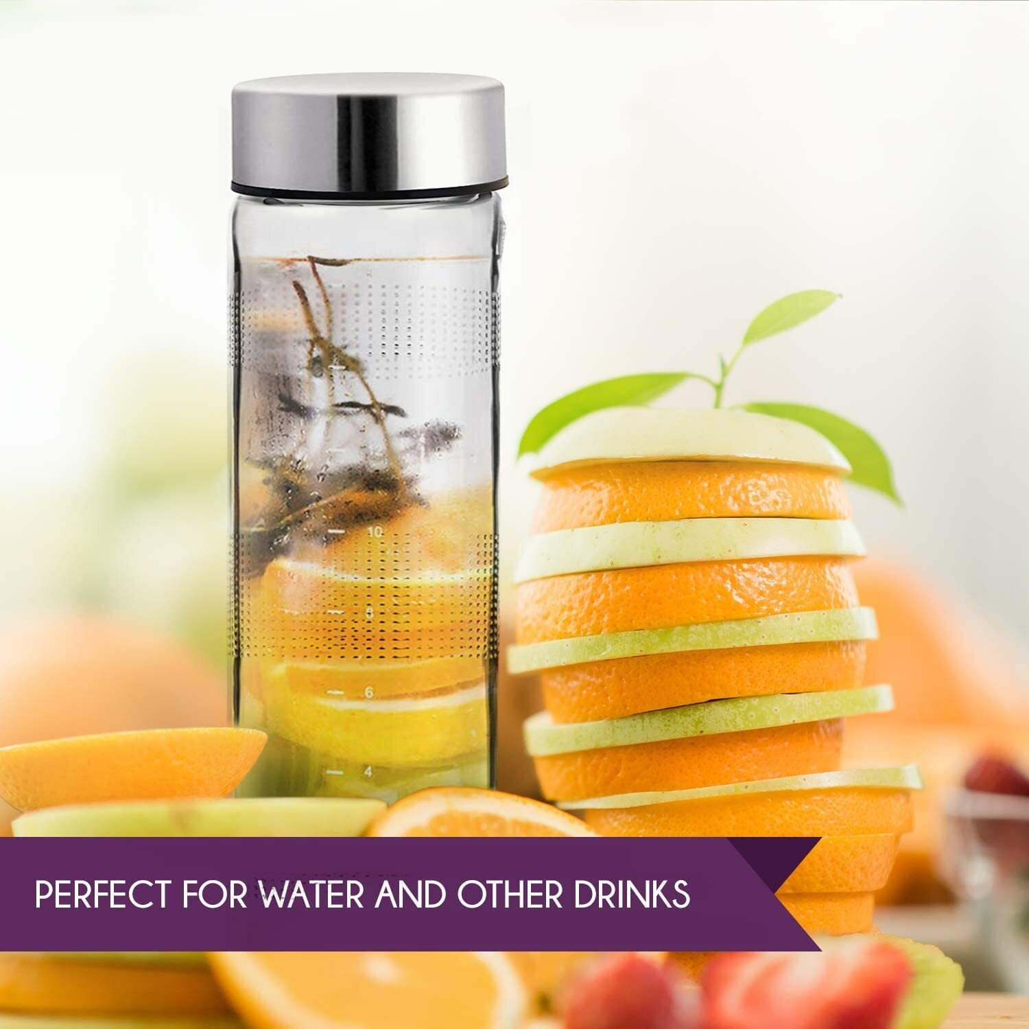CLOUDMART Glass Water Bottle with Leak-Proof Airtight Double Layer Stainless Steel Lid for Water, Smoothie, Juices - Wide Mouth Reusable Travel Glass Drinking Fridge Bottles - 750ml (Set Of 2)