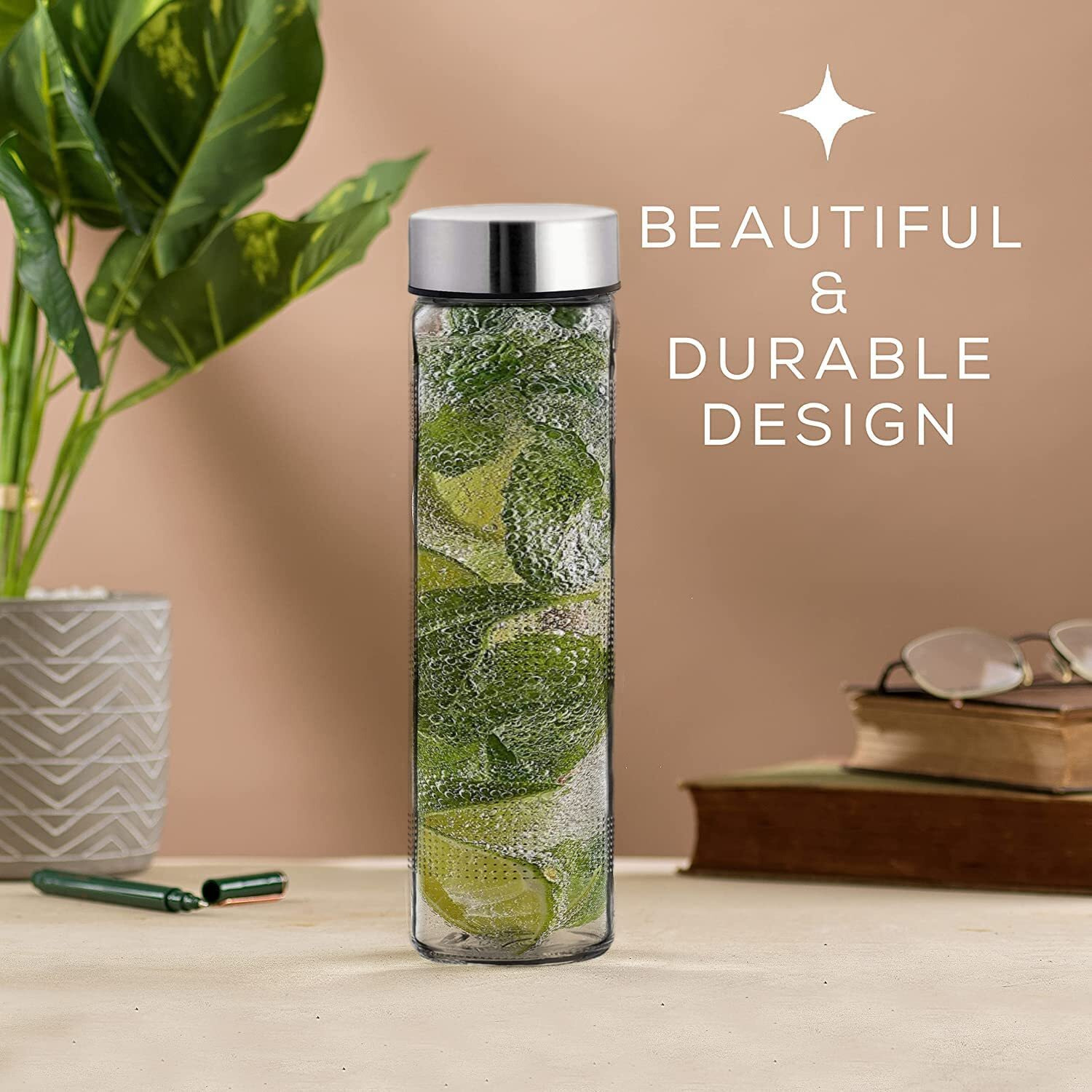 CLOUDMART Glass Water Bottle with Leak-Proof Airtight Double Layer Stainless Steel Lid for Water, Smoothie, Juices - Wide Mouth Reusable Travel Glass Drinking Fridge Bottles - 750ml (Set Of 2)