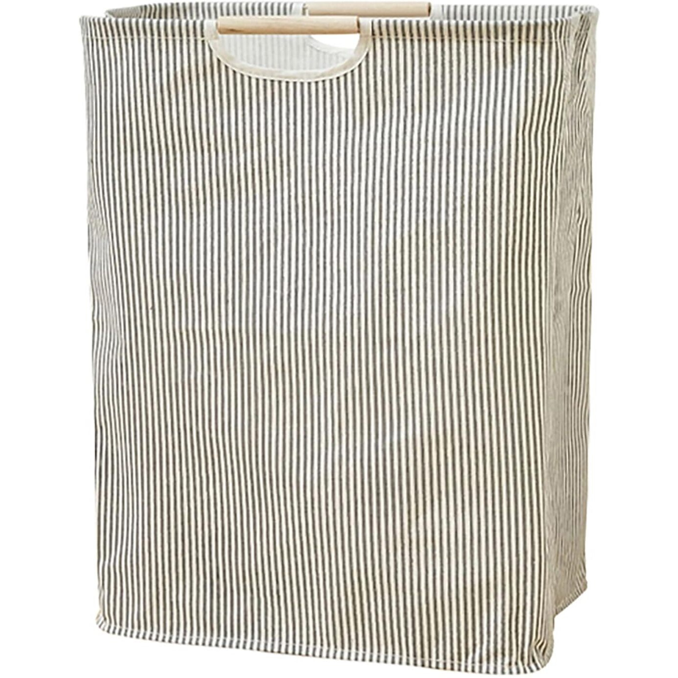 House of Quirk 52 Litre Linen Cotton Collapsible Laundry Basket For Folding Portable Dirty Clothes Storage Hamper (Beige/White Vertical)
