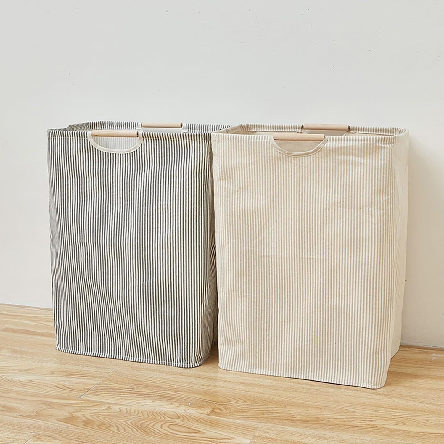 House of Quirk 52 Litre Linen Cotton Collapsible Laundry Basket For Folding Portable Dirty Clothes Storage Hamper (Beige/White Vertical)
