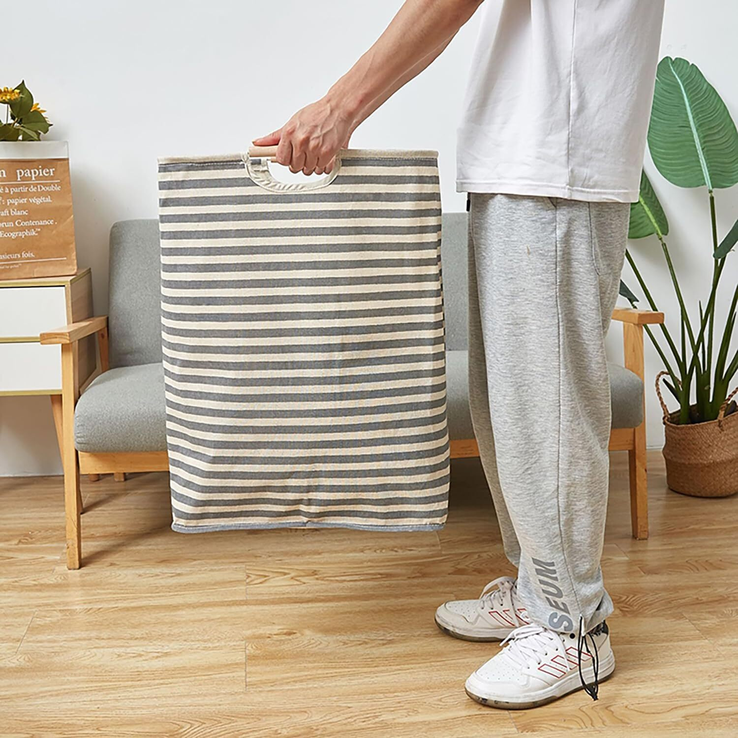House of Quirk 52 Litre Linen Cotton Collapsible Laundry Basket For Folding Portable Dirty Clothes Storage Hamper (Beige/White Vertical)