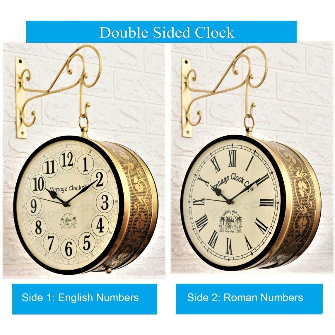 Vintage Clock Handcrafted Double Side Clock / 8 Inch/Brass Finish/Vc-65090 - Analog