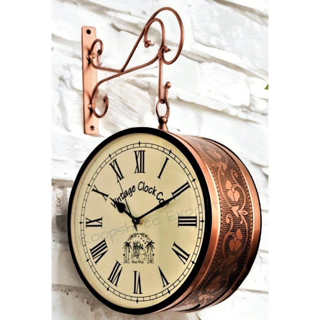 Vintage Clock Handcrafted Double Side Clock With Roman Numbers 1 Year Warranty (8 Inches Size, Rose Gold Finish, Floral Design, Vc-65471) - Analog, Iron