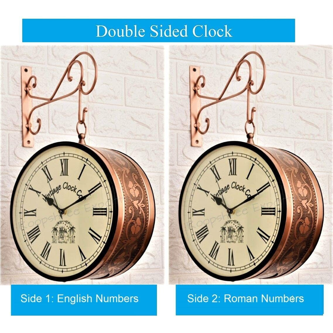 Vintage Clock Handcrafted Double Side Clock With Roman Numbers 1 Year Warranty (8 Inches Size, Rose Gold Finish, Floral Design, Vc-65471) - Analog, Iron
