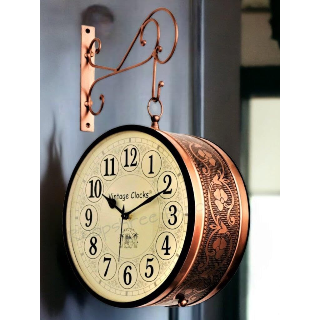 Vintage Clock Iron Handcrafted Double Side Analog Clock With English & Roman Numbers 1 Year Warranty (8 Inches Size, Rose Gold Finish, Floral Design, Vc-65471)