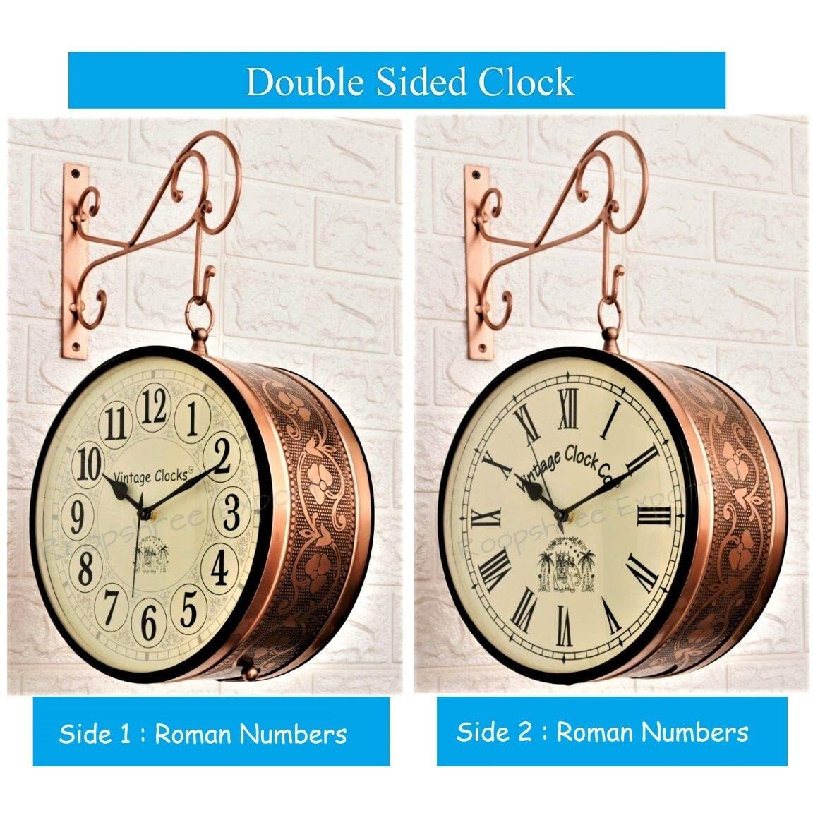 Vintage Clock Iron Handcrafted Double Side Analog Clock With English & Roman Numbers 1 Year Warranty (8 Inches Size, Rose Gold Finish, Floral Design, Vc-65471)
