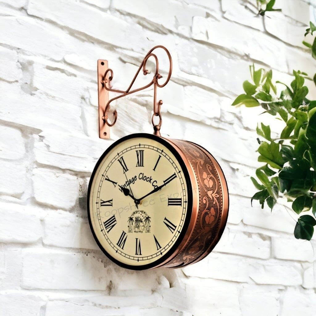 Vintage Clock Iron Handcrafted Double Side Analog Clock With English & Roman Numbers 1 Year Warranty (8 Inches Size, Rose Gold Finish, Floral Design, Vc-65471)