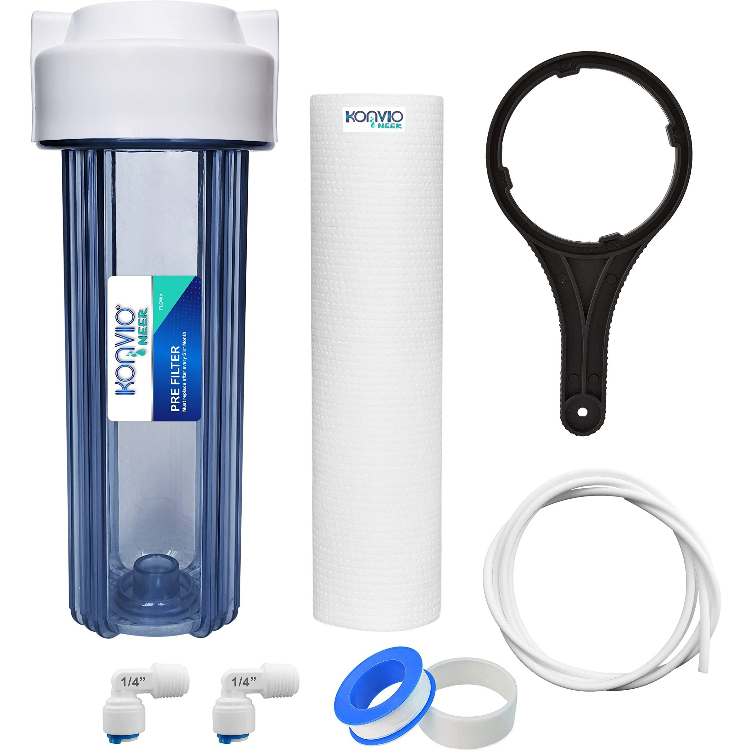 Konvio Neer Heavy Duty Transparent Pre Filter Kit for All RO Water Purifier | Most Preferred for Multistory Building With1/4 size Elbow connector | Size 10inch