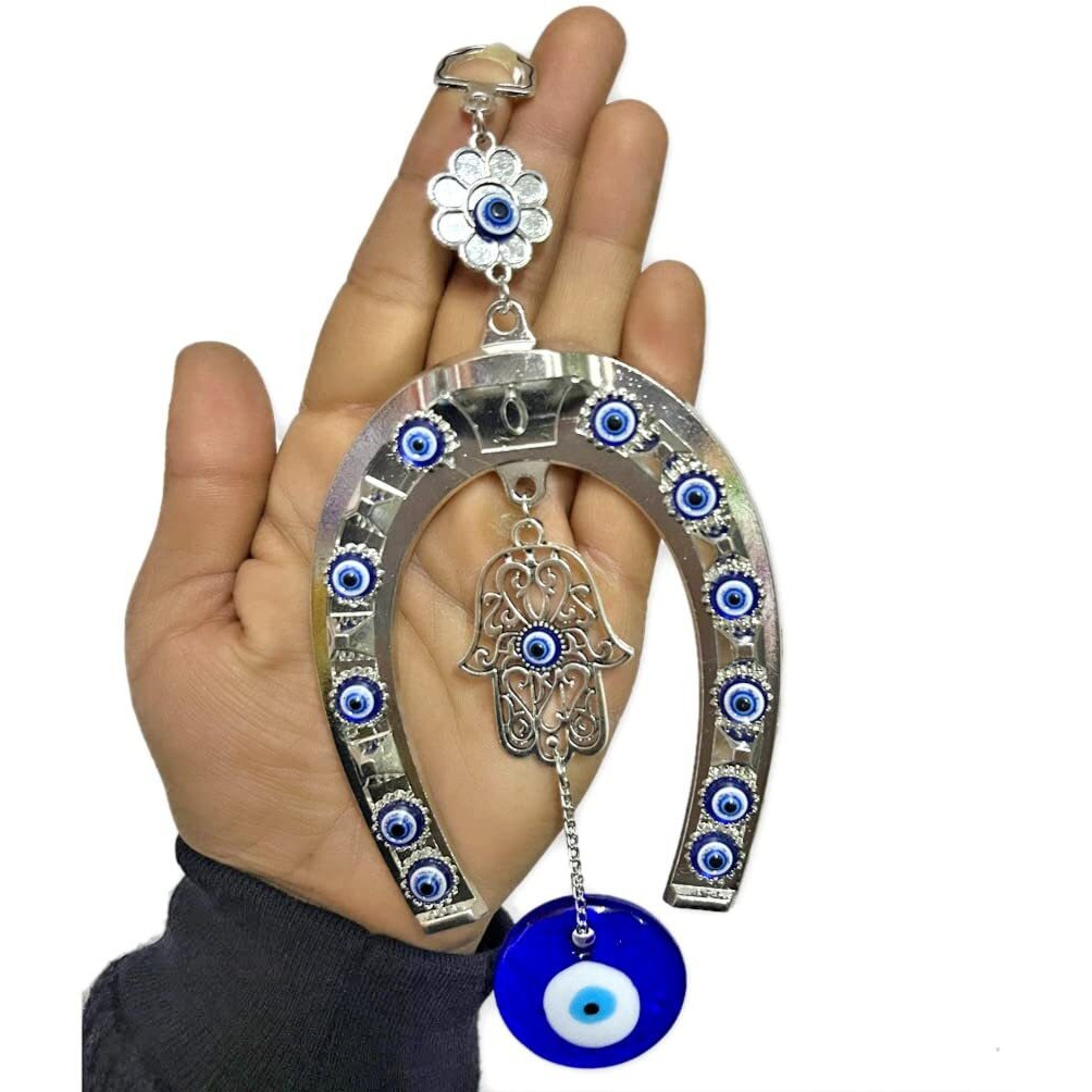 DT DECTONE Metal Blue Evil Eye Hanging Horseshoe Hamsa Hand Turkish Hanging For Home Protection, Good Luck Charm Feng Shui Items Decorative Ornament