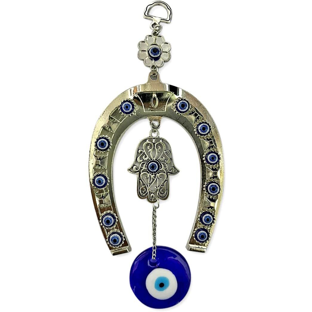 DT DECTONE Metal Blue Evil Eye Hanging Horseshoe Hamsa Hand Turkish Hanging For Home Protection, Good Luck Charm Feng Shui Items Decorative Ornament