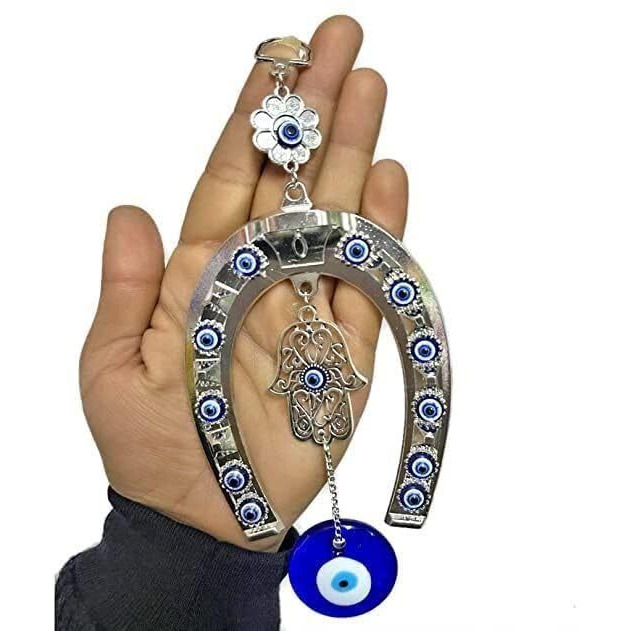 DT DECTONE Metal Blue Evil Eye Hanging Horseshoe Hamsa Hand Turkish Hanging For Home Protection, Good Luck Charm Feng Shui Items Decorative Ornament
