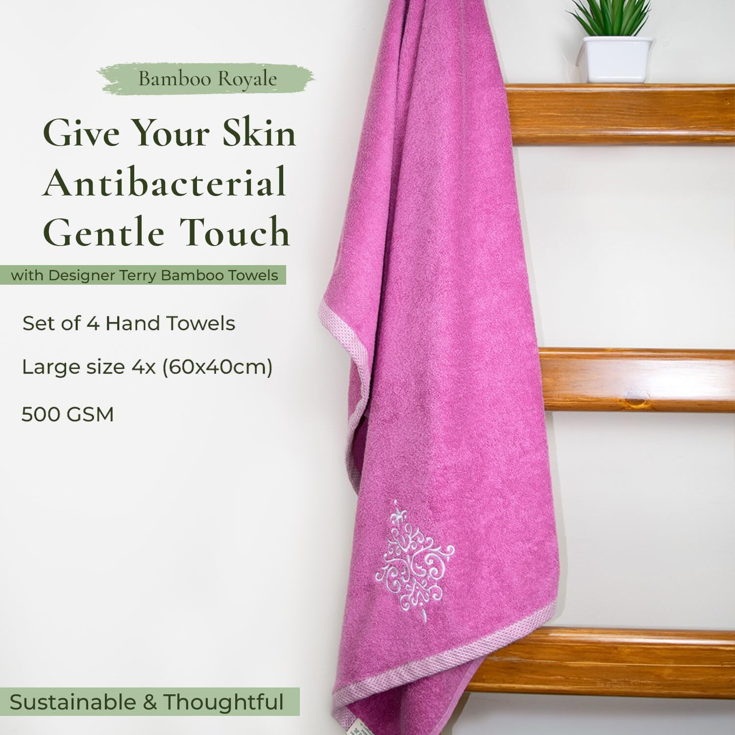 Rangoli 100% Bamboo Hand Towels 500 GSM, Organic Royale Towel for Men and Women Set of 4 | Size 40x60cm Towels for Hand Size Ultra Soft, Super Absorbent & Eco-Friendly Towels for Hand | (Multi)