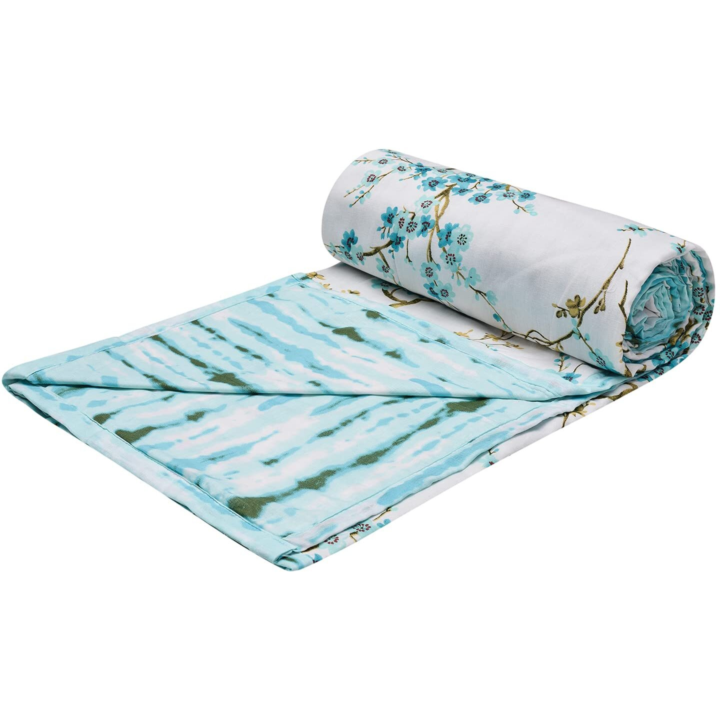 Trance Home Linen Pure Cotton Reversible Dohar Double Bed Size | AC Blanket Comforter | Soft Light-Weight Bed Blanket (84 x 88 inch, Akira Turquoise, Pack of 1)