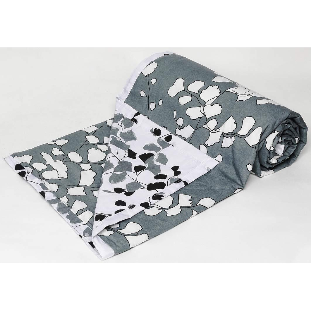 Trance Home Linen Pure Cotton Reversible Dohar Double Bed Size | AC Blanket Comforter | Soft Light-Weight Bed Blanket (84 x 88 inch, Grey White Leaves Abstract, Pack of 1)