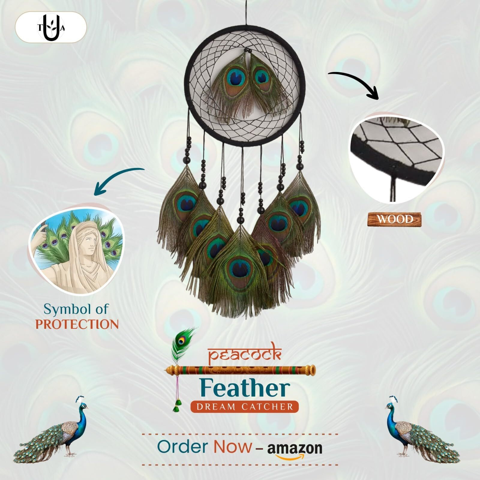 THE URBAN ARTISTIC Peacock Feather Dream Catcher for Positive Energy Decorative Showpiece Wall Hanging (18/45 cm)