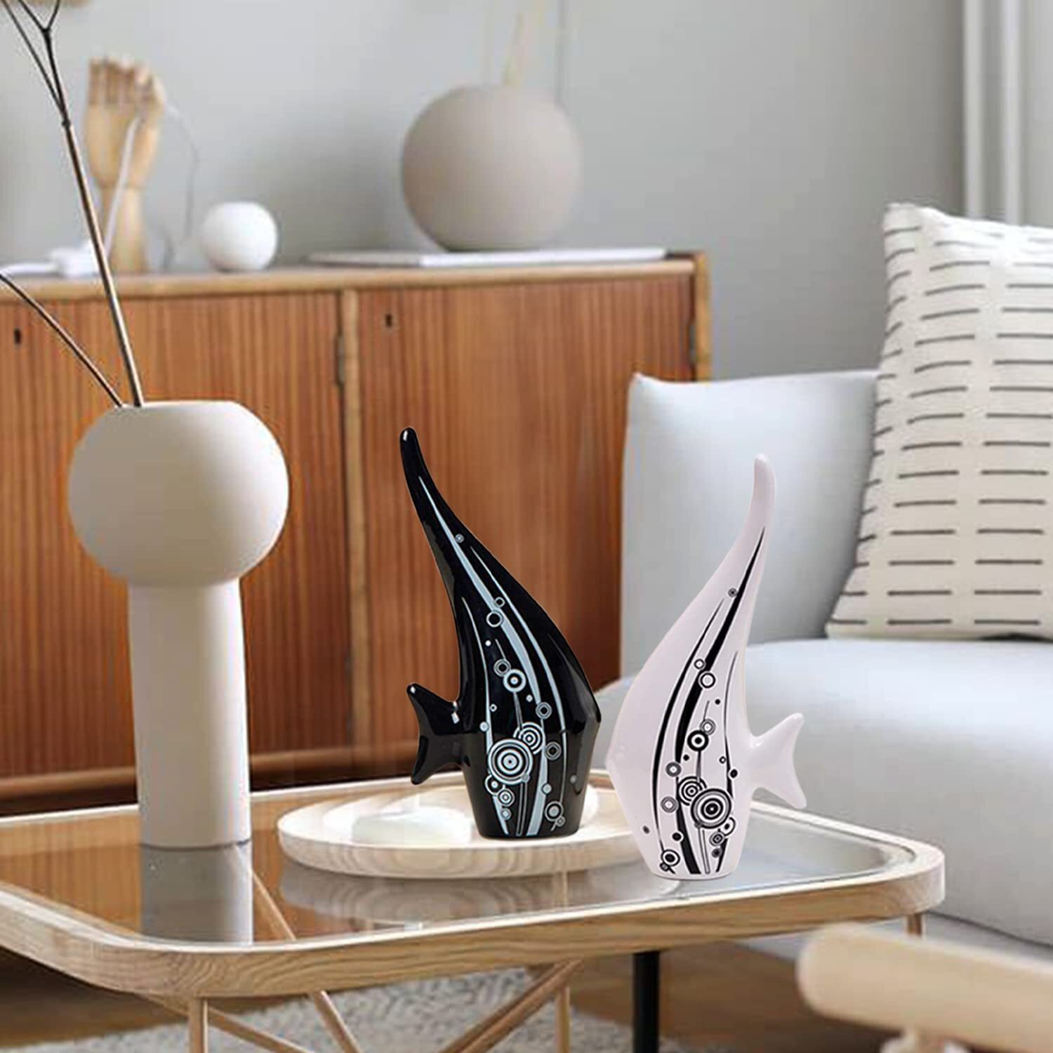 Xtore Modern Minimalist Black and White Bubble Fish Art Figure | Beautiful Home Decor- (Set of 2 pc), Ceramic