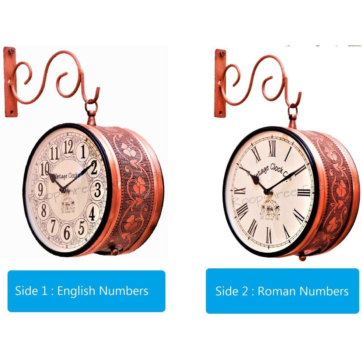 Vintage Clock Handcrafted Double Side Clock with English & Roman Numbers (6 Inches Size , Rose Gold Finish , Floral Design, VC-65471,Iron)