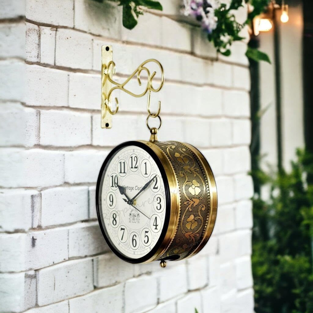 Vintage Clock Double Side (Railway Style)Analog Clock With Brass Finish & 1 Year Warranty (6 Inches 15X15 Cms Size)