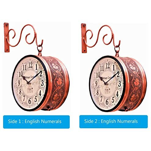 Vintage Clock Handcrafted Double Side Clock with English Numbers 1 Year Warranty (6 Inches Size, Rose Gold Finish, Floral Design, VC-65471)