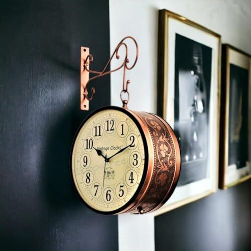 Vintage Clock Handcrafted Double Side Clock with English Numbers 1 Year Warranty (6 Inches Size, Rose Gold Finish, Floral Design, VC-65471)