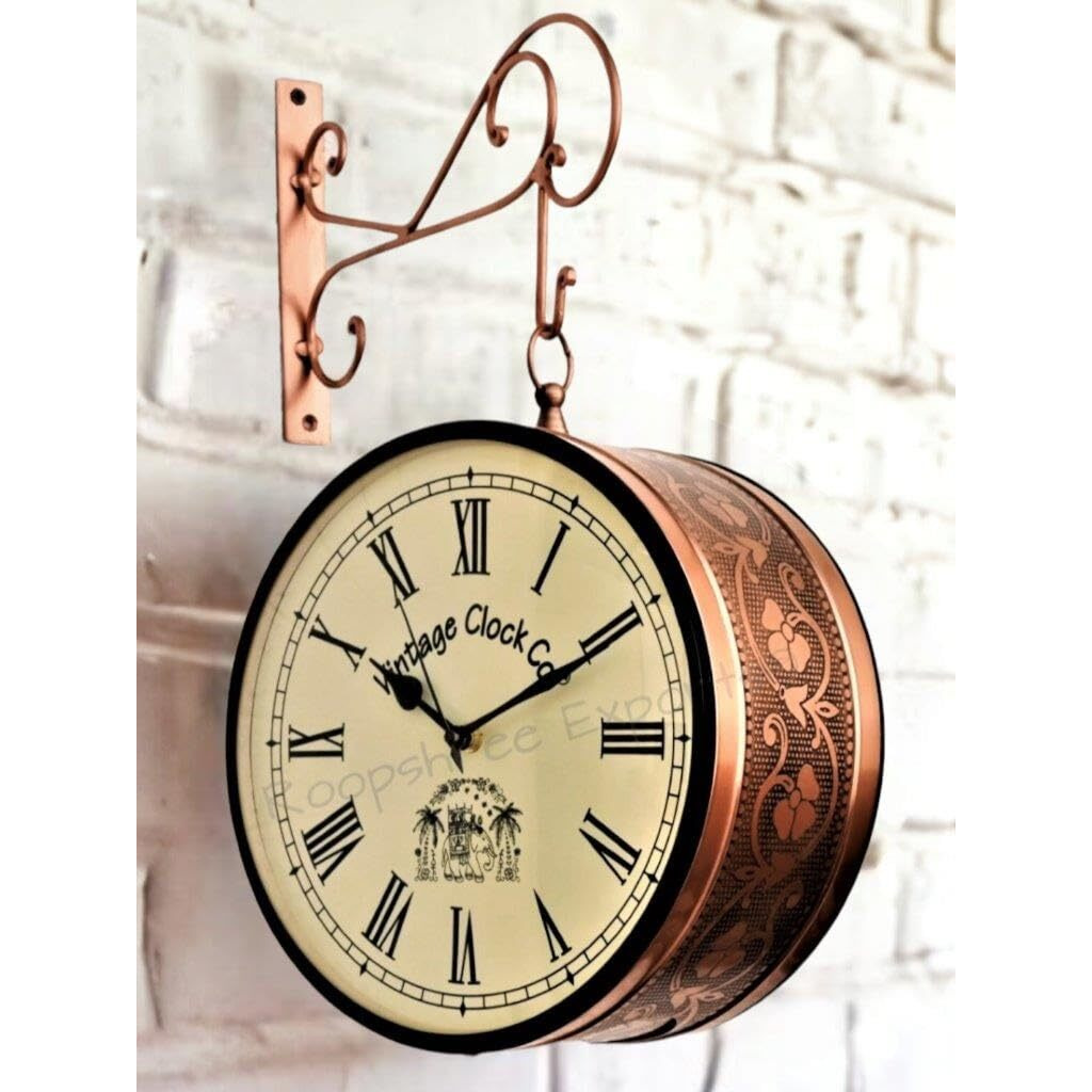 Vintage Clock Handcrafted Double Side Clock with Roman Numbers 1 Year Warranty (6 Inches Size, Rose Gold Finish, Floral Design, VC-65471)