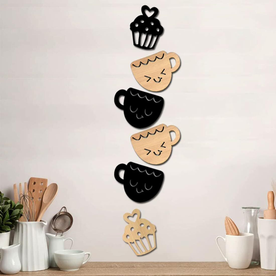 SHRADDHA SABURI ARTWORK Farmhouse Smile Cup And Cups Kitchen Wall Decor, Wall Reusable Sticker s , Reusable Sticker s Large, Set 6, Wood