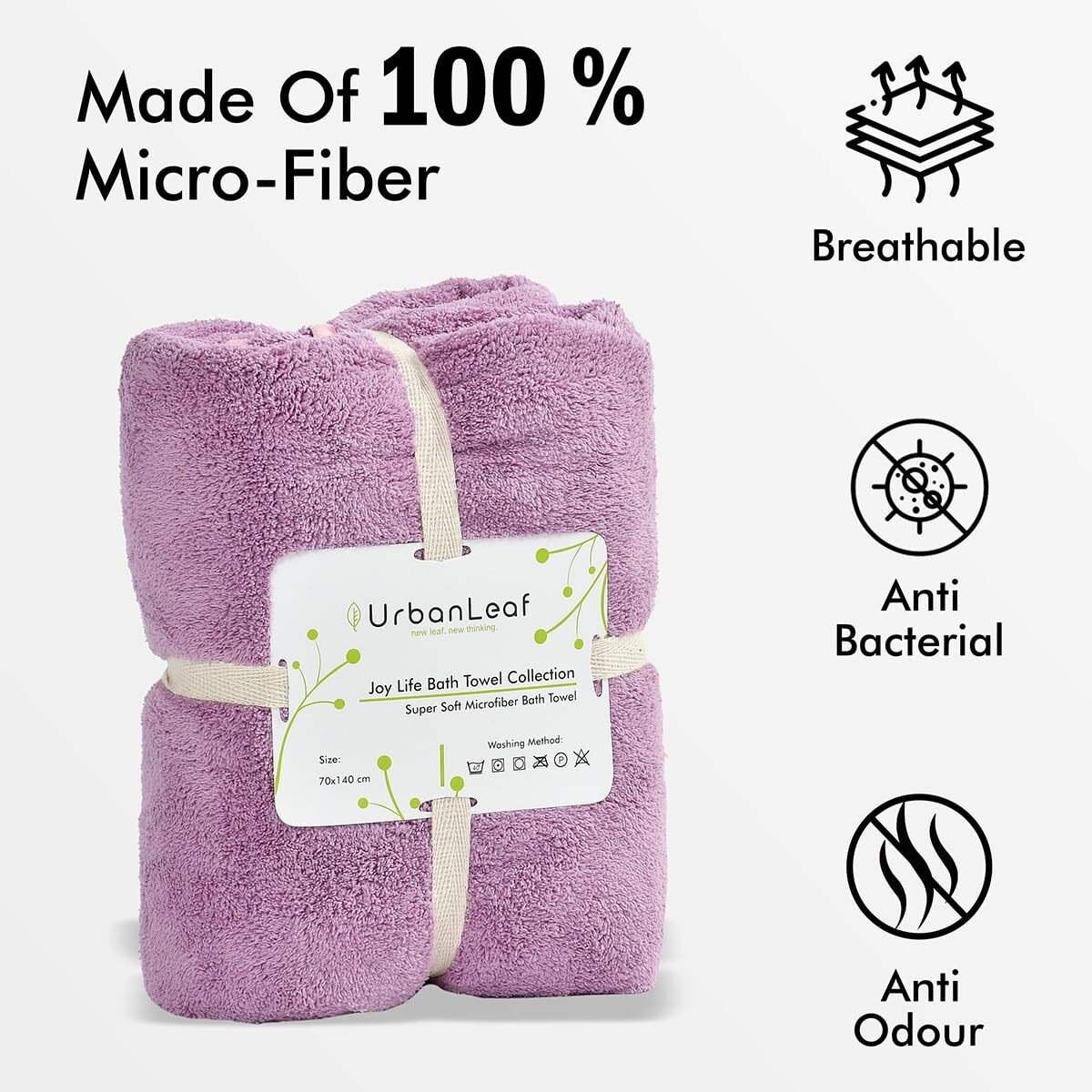 UrbanLeaf Microfiber Large Bath Towel | Quick Dry Super Absorbent - Bath Towel for Men and Women | Purple | Towel for Bath, Travel, Gym, Beach, Pool, and Yoga (70 X 140 CMs)