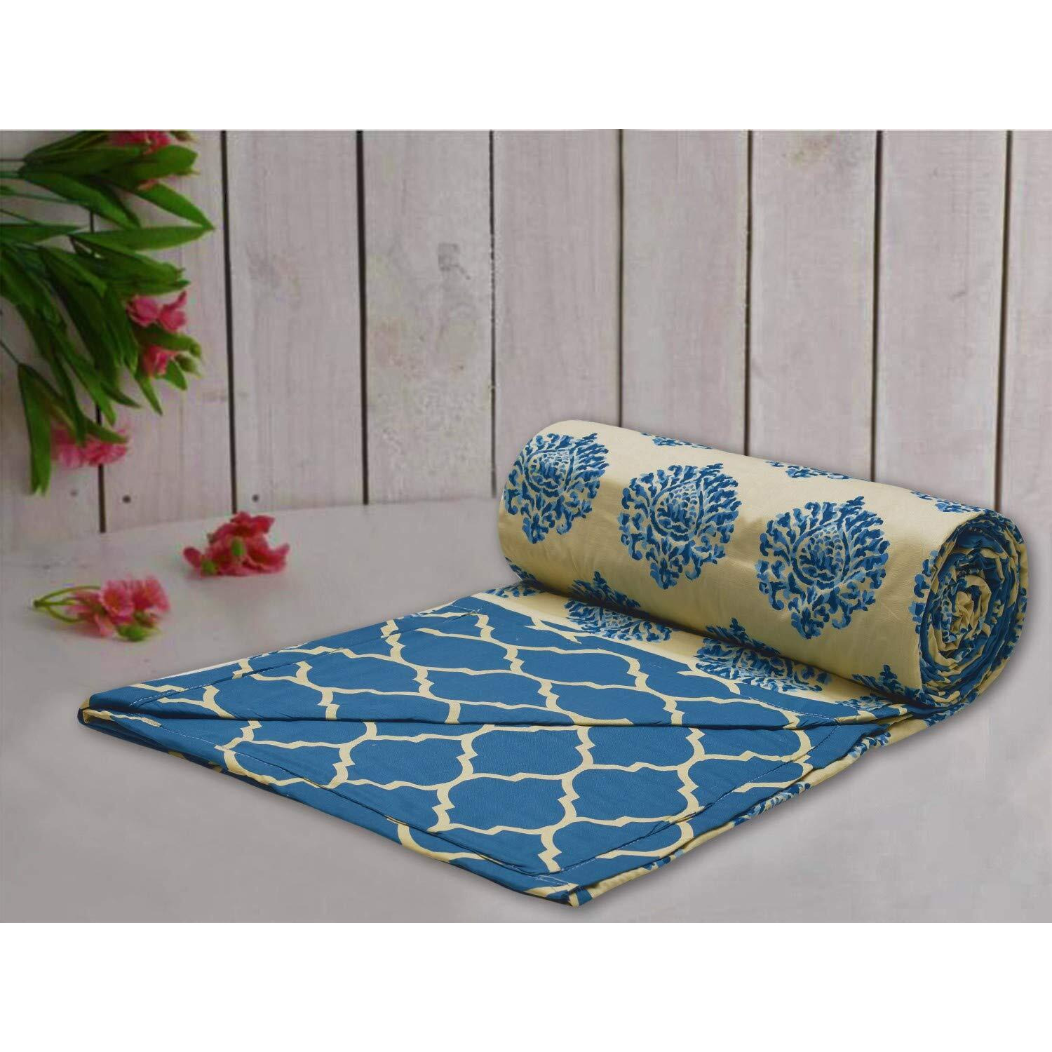 Trance Home Linen 100% Cotton Reversible Dohar Double Bed Size | Jaipuri Printed Artisan Block Design Blanket | Soft Lightweight AC Summer Comforter Quilt (84x88, Abstract Blue Green)