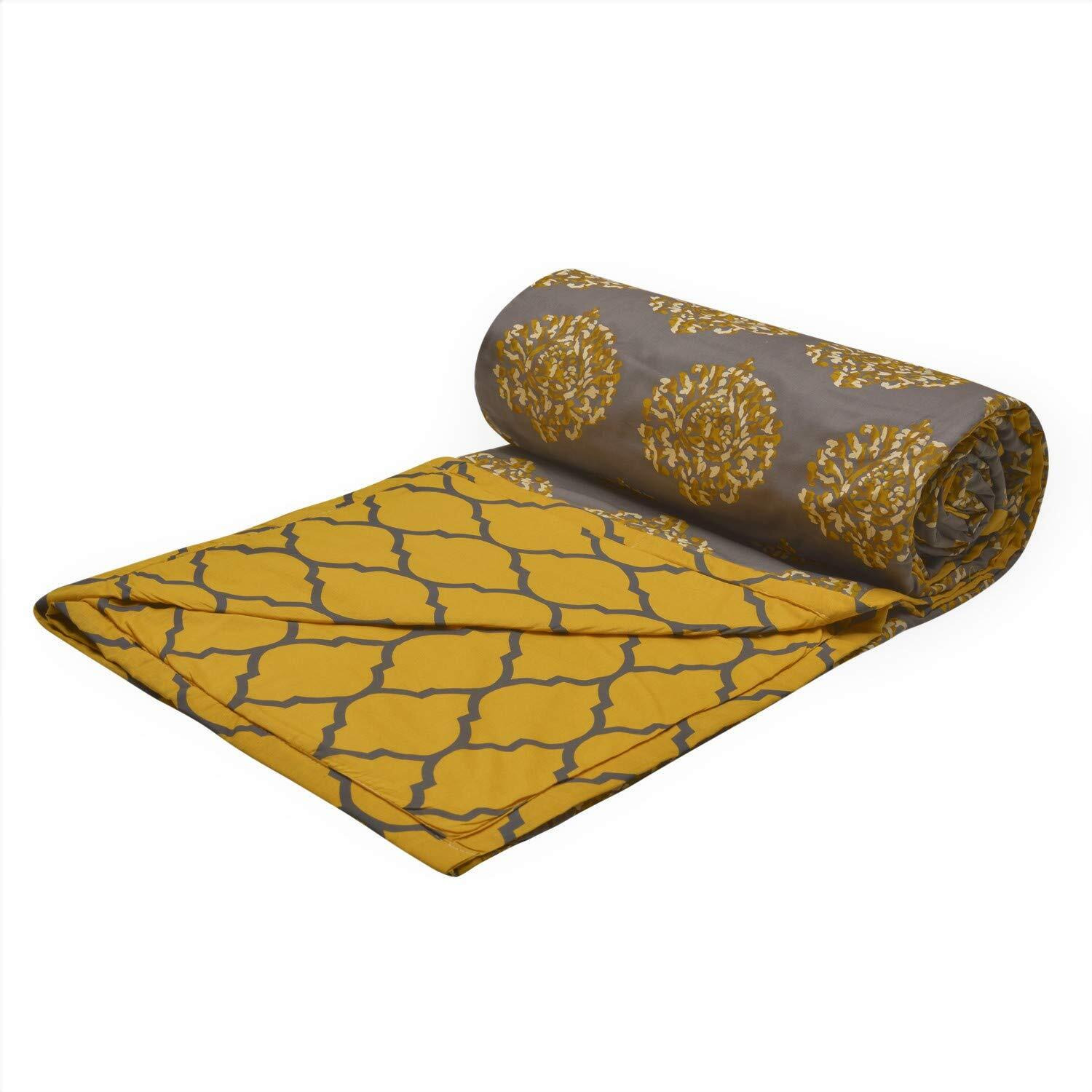 Trance Home Linen Pure Cotton Reversible Dohar Double Bed Size | AC Blanket | Soft Light-Weight Bed Blanket (84 x 88 inch, Warm Grey Mustard Damask, Pack of 1)