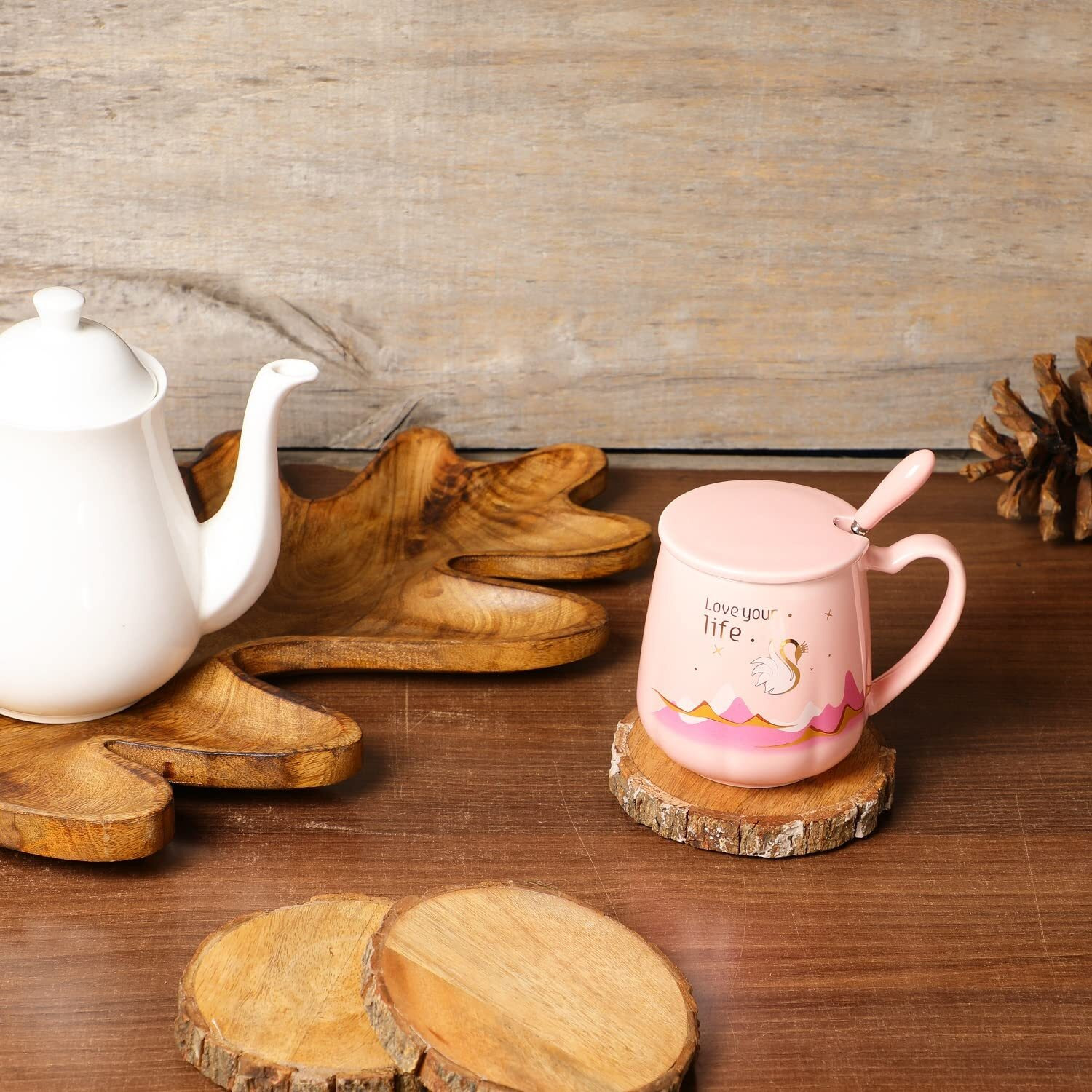 NYRWANA Love Your Life Coffee Mug, Mugs for Coffee, Rakhi Gift, Birthday Gift, Coffee Mug with Lid, Coffee Mugs, Tea Mug, Cups and Mugs, Ceramic Coffee Mug with Spoon (420ml - Pink)