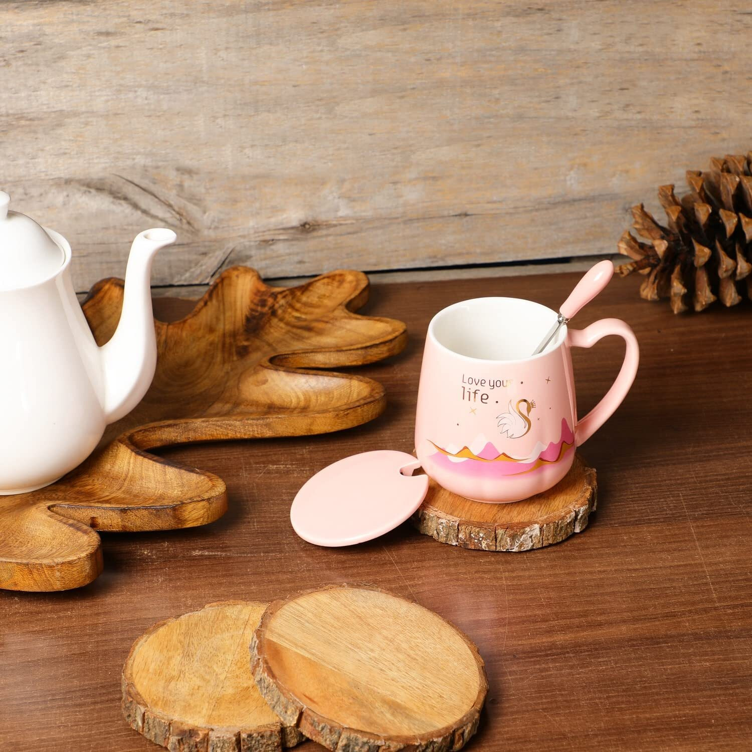 NYRWANA Love Your Life Coffee Mug, Mugs for Coffee, Rakhi Gift, Birthday Gift, Coffee Mug with Lid, Coffee Mugs, Tea Mug, Cups and Mugs, Ceramic Coffee Mug with Spoon (420ml - Pink)