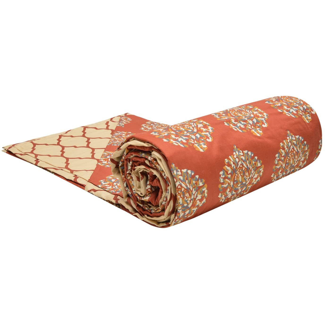 Trance Home Linen Pure Cotton Reversible Dohar Double Bed Size | AC Blanket Comforter | Soft Light-Weight Bed Blanket (84 x 88 inch, Damask Cley Red, Pack of 1)