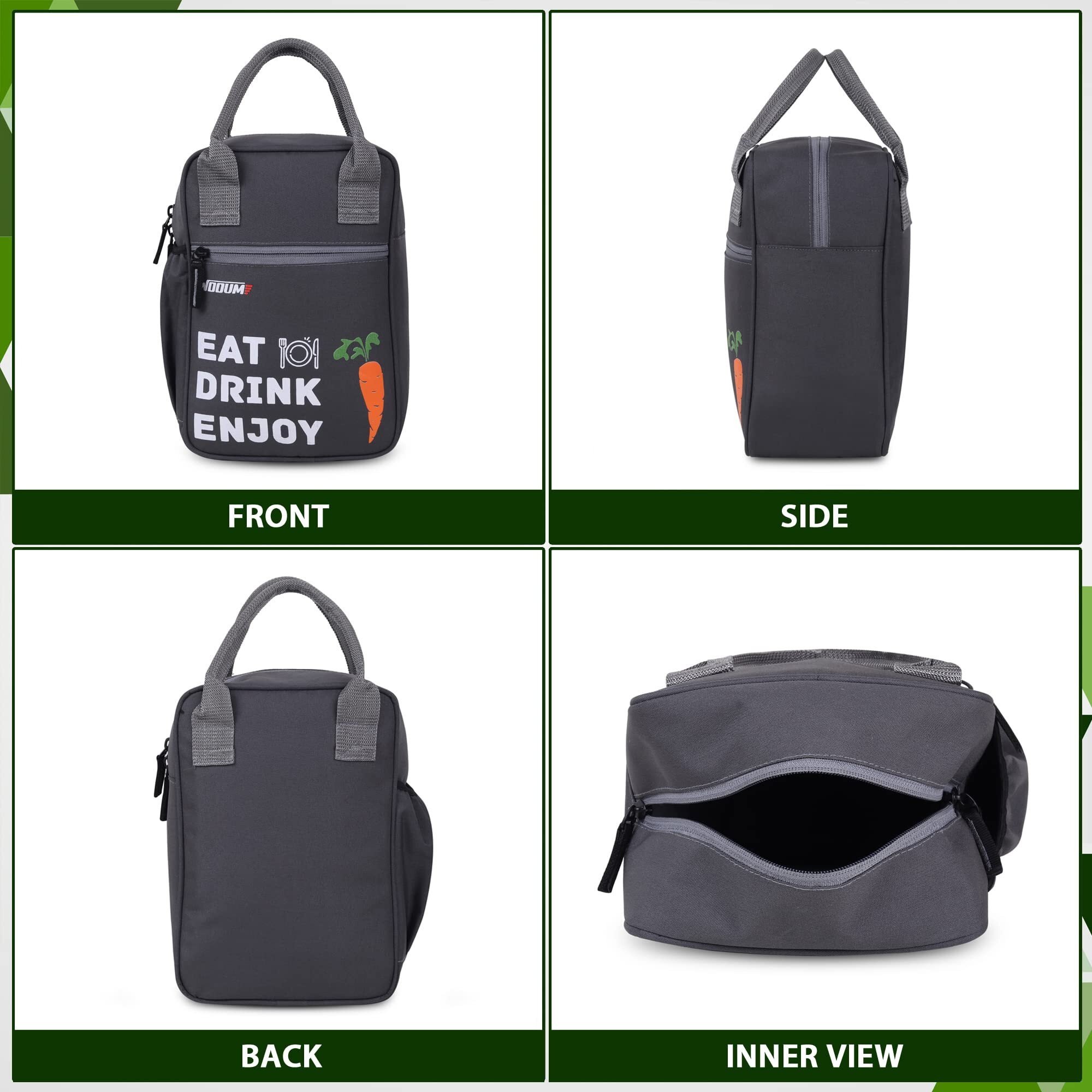 Wooum Lunch Bag, Tiffin Bag, Travel Lunch Pouch, Food Storage Bag with Handle for Office, College, School, Water Resistance Material (Size 11x7.5x4inch, Dark Grey)