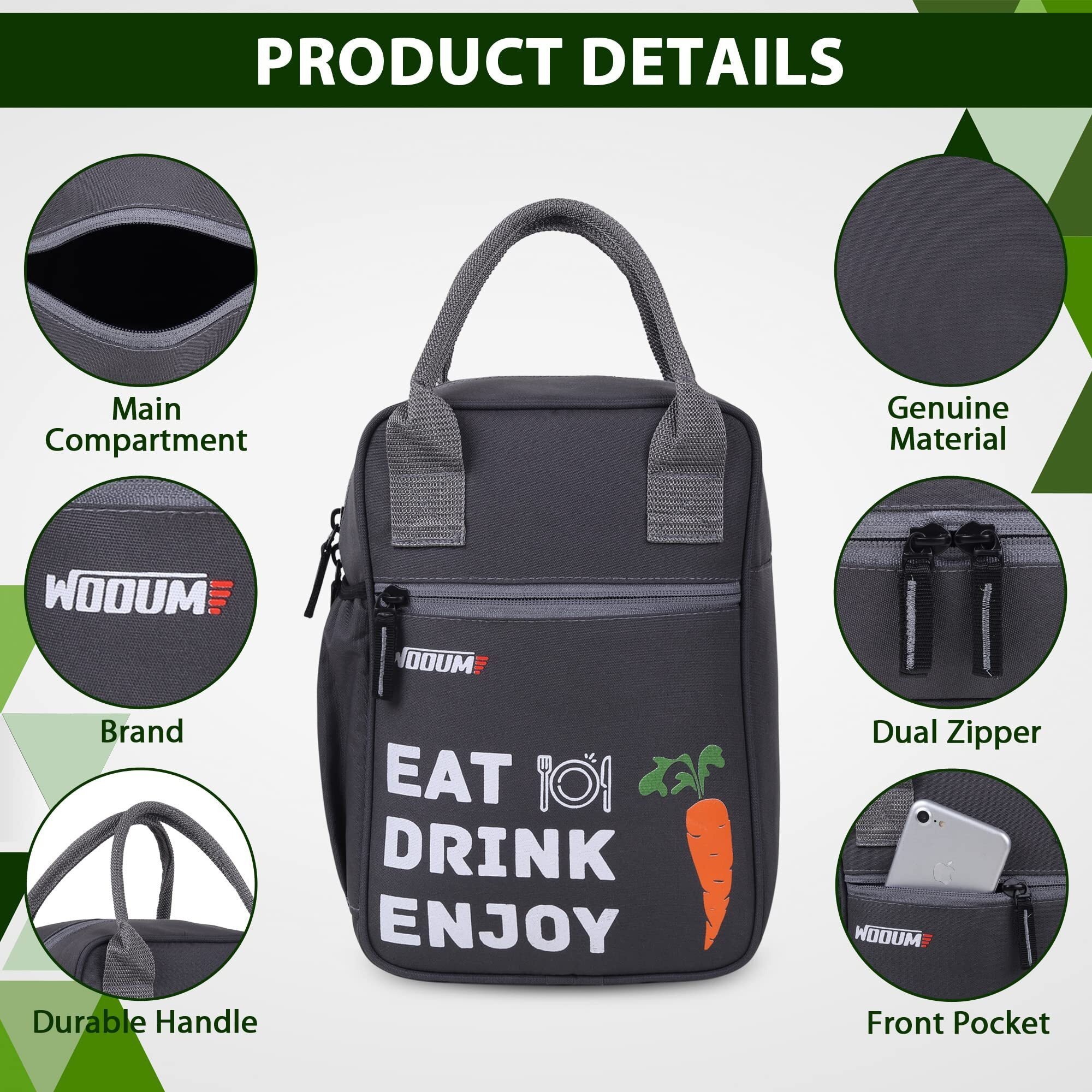 Wooum Lunch Bag, Tiffin Bag, Travel Lunch Pouch, Food Storage Bag with Handle for Office, College, School, Water Resistance Material (Size 11x7.5x4inch, Dark Grey)