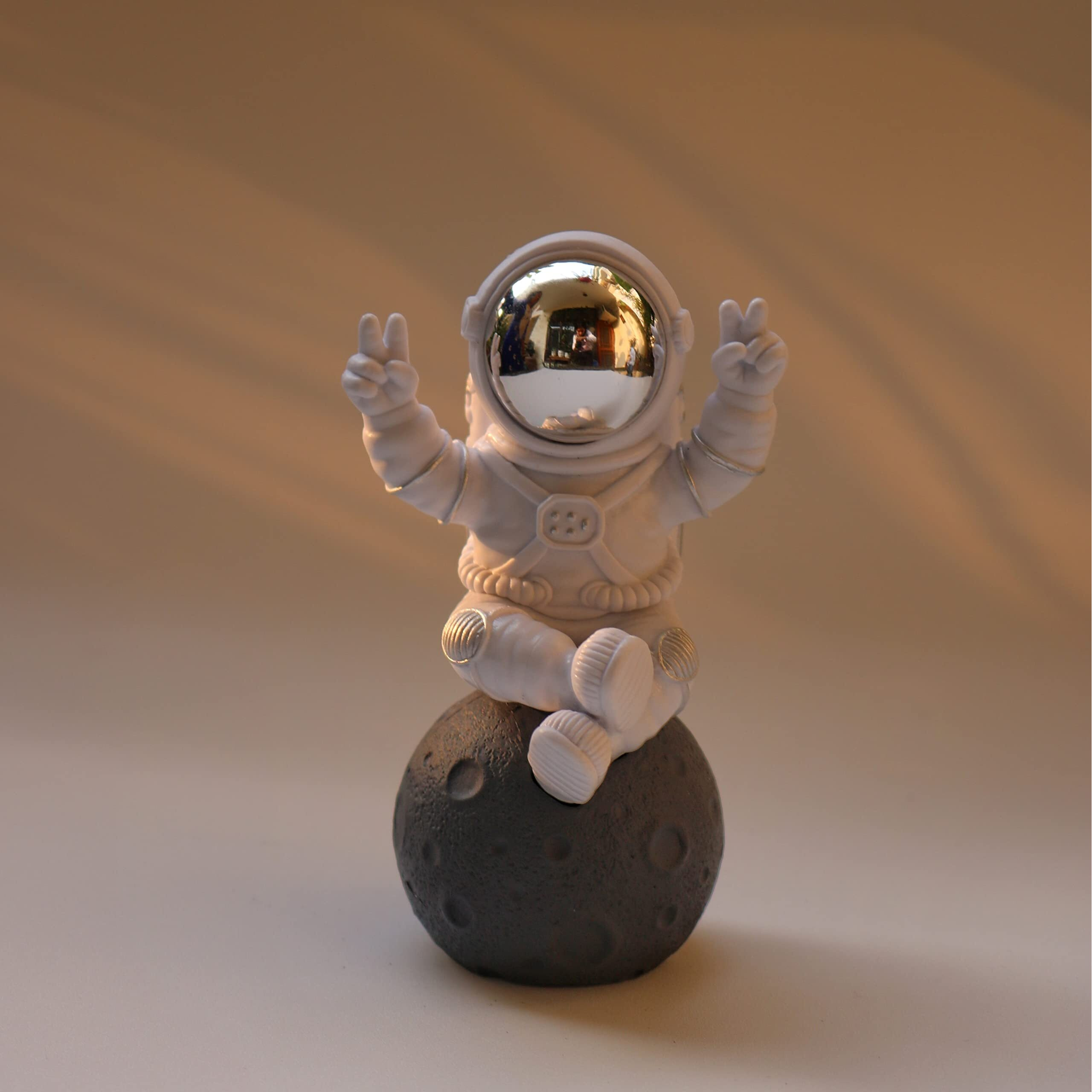 Street27 Astronaut Figurine Showpiece for Home Dcor Idols for Office Desk Table Astronaut Toy for Car Dashboard, Statue for Gift Gifting Items Birthday Decoration (Sitting on moon Silver)