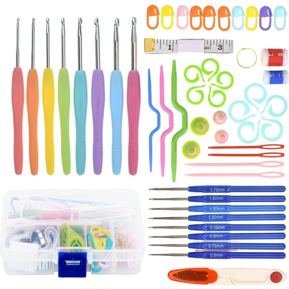 Maharsh 52/86 Pcs Crochet Hook Set 16 Sizes 0.6mm-6mm(L) Ergonomic Soft Grip Handles Crochet Needles Kit with Plastic box for Arthritic Hands, Crochet Starter Kit for Beginners (SET of 52PCS)