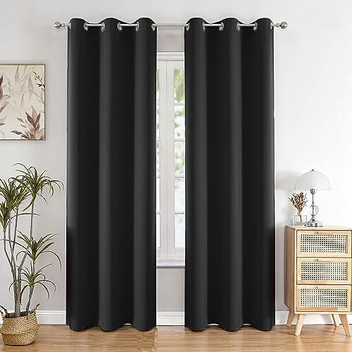 HOMEMONDE 100% Blackout Curtains with Stainless Steel Eyelets - Door 7 Feet Curtain, Thermal Insulated, Fully Heavy Blackouts - Set of 2, Black